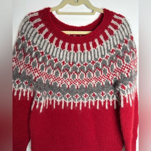 NEW ICELANDIC 100% WOOL BIG SWEATER HAND MADE size M fisherman red white unisex - Picture 6 of 17